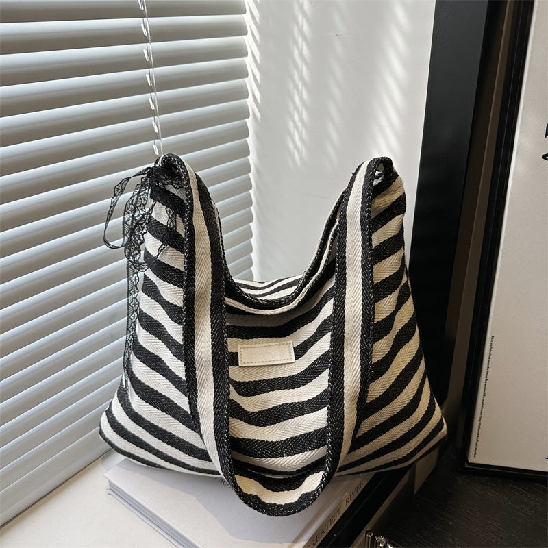 Striped Canvas Bag Korean Ins Lazy Style Tote Bag Student Large Capacity Casual Shoulder Bag For Women - Image 2