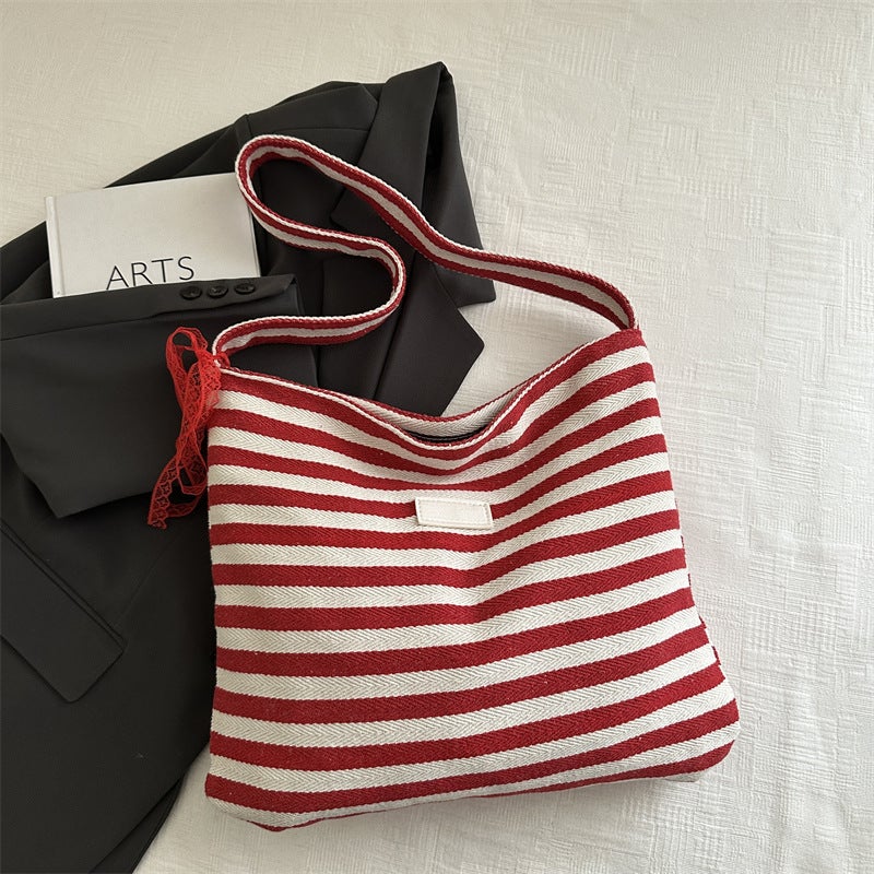 Striped Canvas Bag Korean Ins Lazy Style Tote Bag Student Large Capacity Casual Shoulder Bag For Women - Image 1