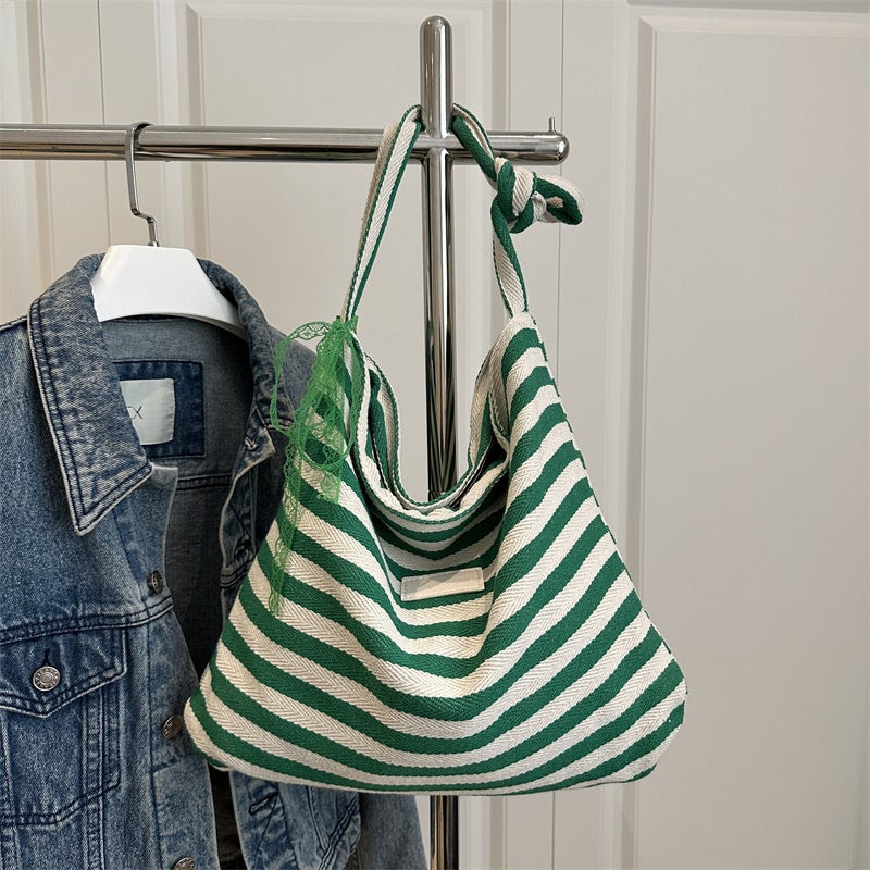 Striped Canvas Bag Korean Ins Lazy Style Tote Bag Student Large Capacity Casual Shoulder Bag For Women - Image 4