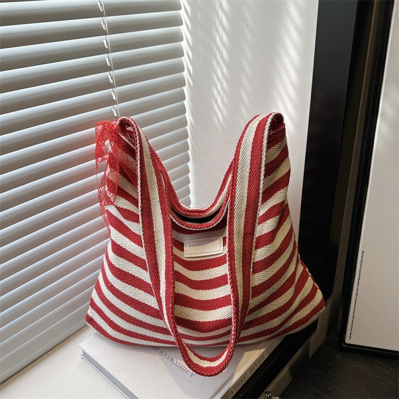 Striped Canvas Bag Korean Ins Lazy Style Tote Bag Student Large Capacity Casual Shoulder Bag For Women - Image 3