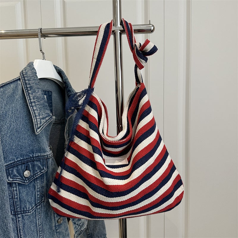 Striped Canvas Bag Korean Ins Lazy Style Tote Bag Student Large Capacity Casual Shoulder Bag For Women - Image 5