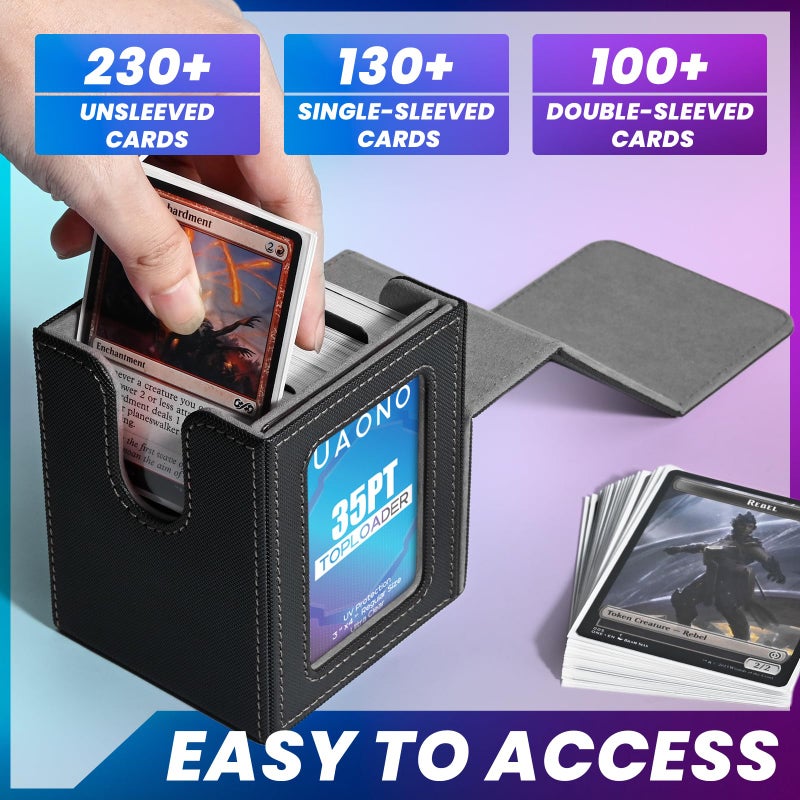 UAONO Card Deck Box with MTG Commander Display, Deck Case Holds 100+ Double-Sleeved Cards, Trading Card Storage Box Fits TCG/PTCG/Sports Card with 2 Dividers, 1 Top Loaders (Black) - Image 2