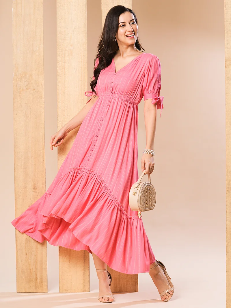 globus Women Pink Self Design Gathered Waist High-Low Hem Fit & Flare Midi Dress