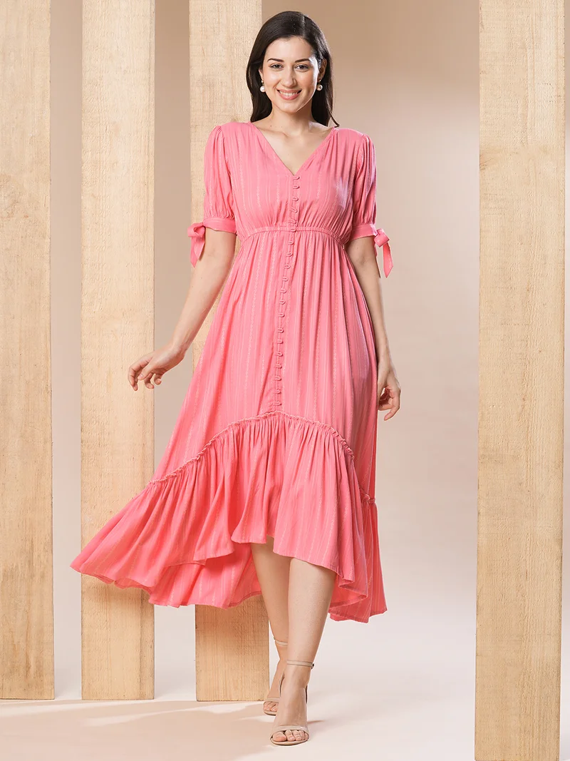 globus Globus Women Pink Self Design Gathered Waist High-Low Hem Fit & Flare Midi Dress