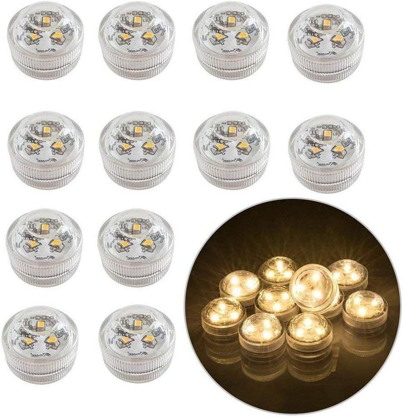 12 شعلة شموع شاي LED بدون لهب تعمل بالبطارية ومقاومة للماء وغارقة للأضواء الزينة للفرشاة وحوض الأسماك ومركز الزفاف والأضواء لحفلات الهالوين - أبيض دافئ - Image 1