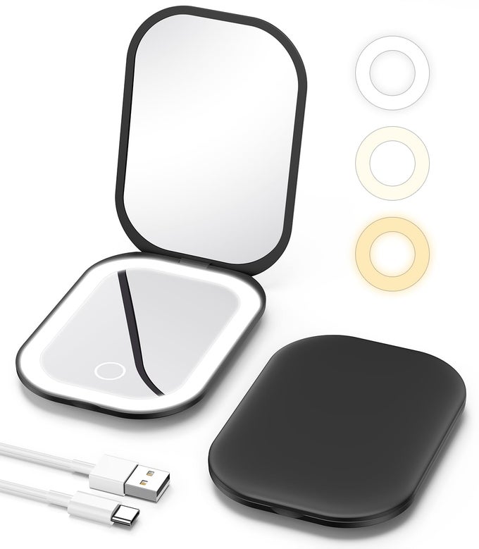 LIGHTED TRAVEL MAKEUP MIRROR WITH LIGHT AND MAGNIFICATION 3X MAGNIFICATION RECHARGEABLE SMALL MIRROR WITH THREECOLOR ADJUSTABLE LIGHTLED MINI MIRROR FOR PURSE BLACK