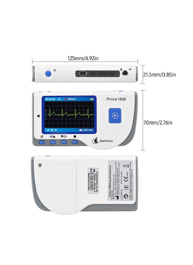 Heal Force - Heal Force PC-180B1 Portable ECG Monitor Handheld LCD Heart Rate Tracker Home EKG Monitoring Device with Data Storage Transmission USB Cable, Adhesive Electrode, Lead Wire - Image 1