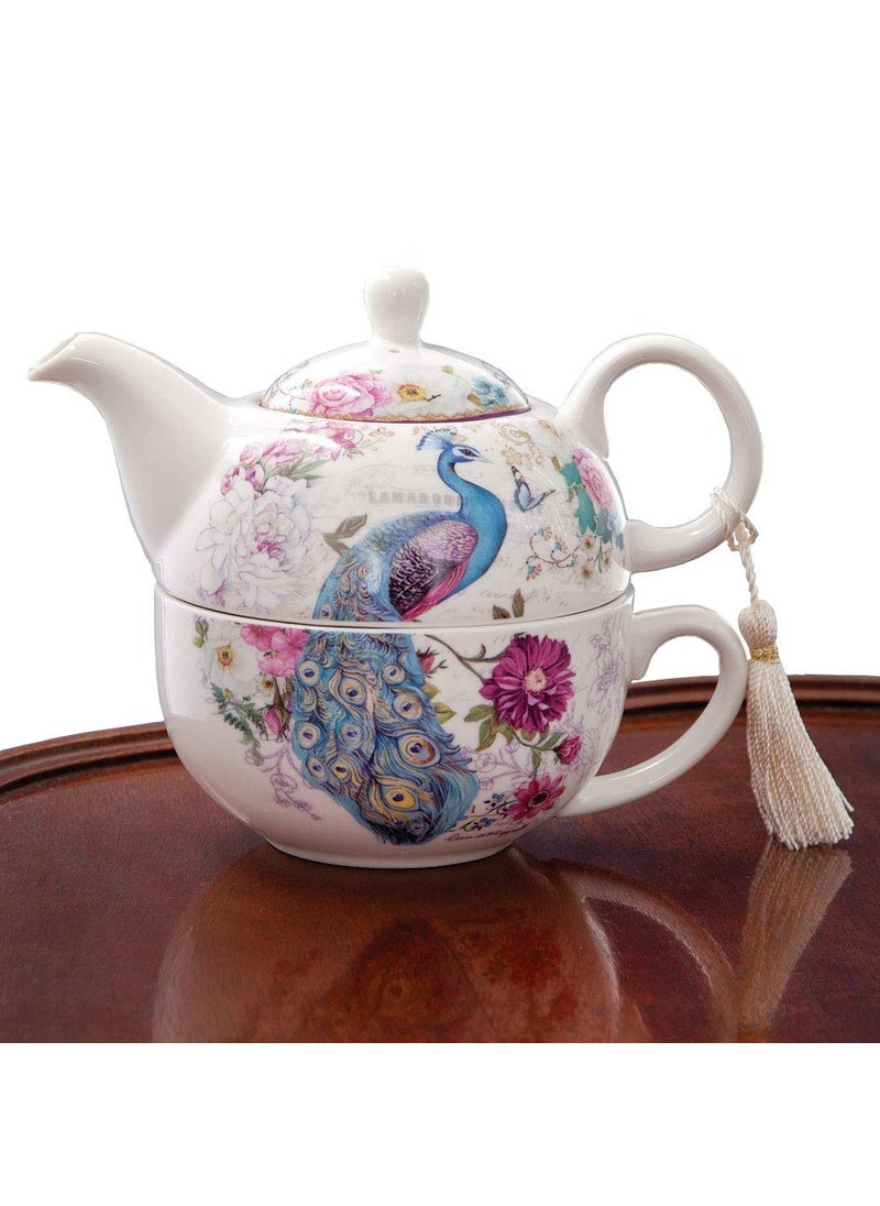 Bits and Pieces Bits and Pieces  Tea For One Peacock Porcelain Teapot and Cup Set  Elegant Peacock Design With Delicate Tassel on Teapot Handle Makes Great Decoration  Includes Decorative Gift Box 