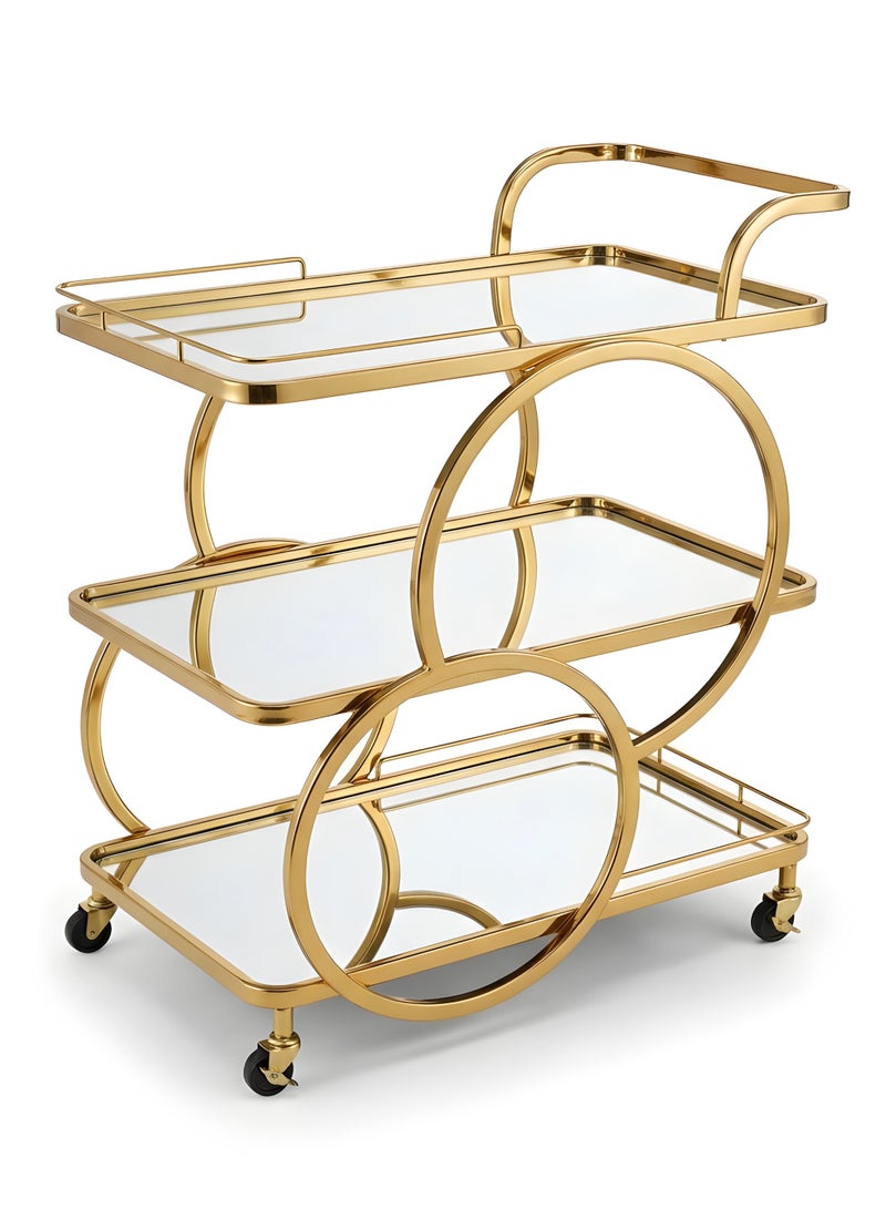 Life Smile Luxury Gold 3-Tier Serving Trolley with Mirror Glass Shelves – 76x40x90 cm Rolling Bar Cart with Wheels – Modern Multi-Purpose Food Storage Trolley - Image 1