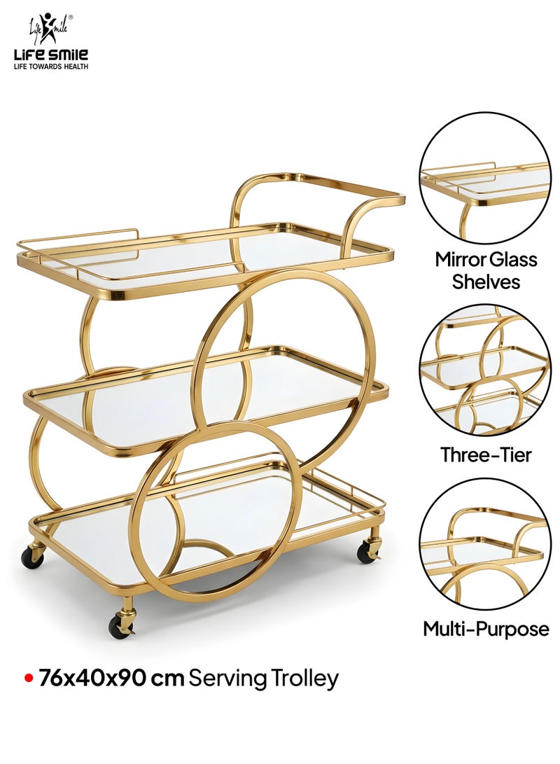 Life Smile Luxury Gold 3-Tier Serving Trolley with Mirror Glass Shelves – 76x40x90 cm Rolling Bar Cart with Wheels – Modern Multi-Purpose Food Storage Trolley - Image 2