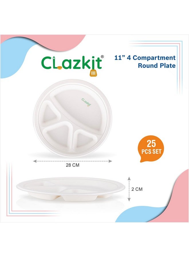 Clazkit 11 Inch 25 Pack, 4 -Compartment Disposable Bagasse Plates | Eco-Friendly, Biodegradable, Sugarcane Paper Plates | for Serving Dinner | Birthday, Wedding & Party | Round, White - Image 2