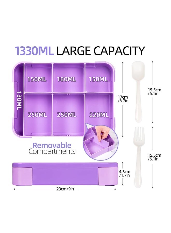 Lunch Box for Kids, 1330ML Bento Box Adult Lunch Box with 6 Compartment, Leakproof Snack Boxes with Utensil Sauce Dressing Containers, Reusable On-the-Go Meal and Snack Packing(Purple)  - Image 4