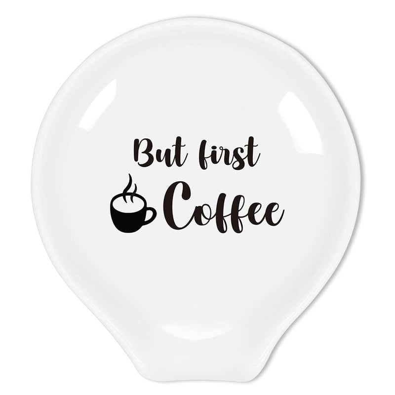 Littlefa Funny Quote But First Coffee Black Sign Ceramic Spoon Holder  Rest for Coffee Station Decor  Bar Accessories  Gift for Women and Men