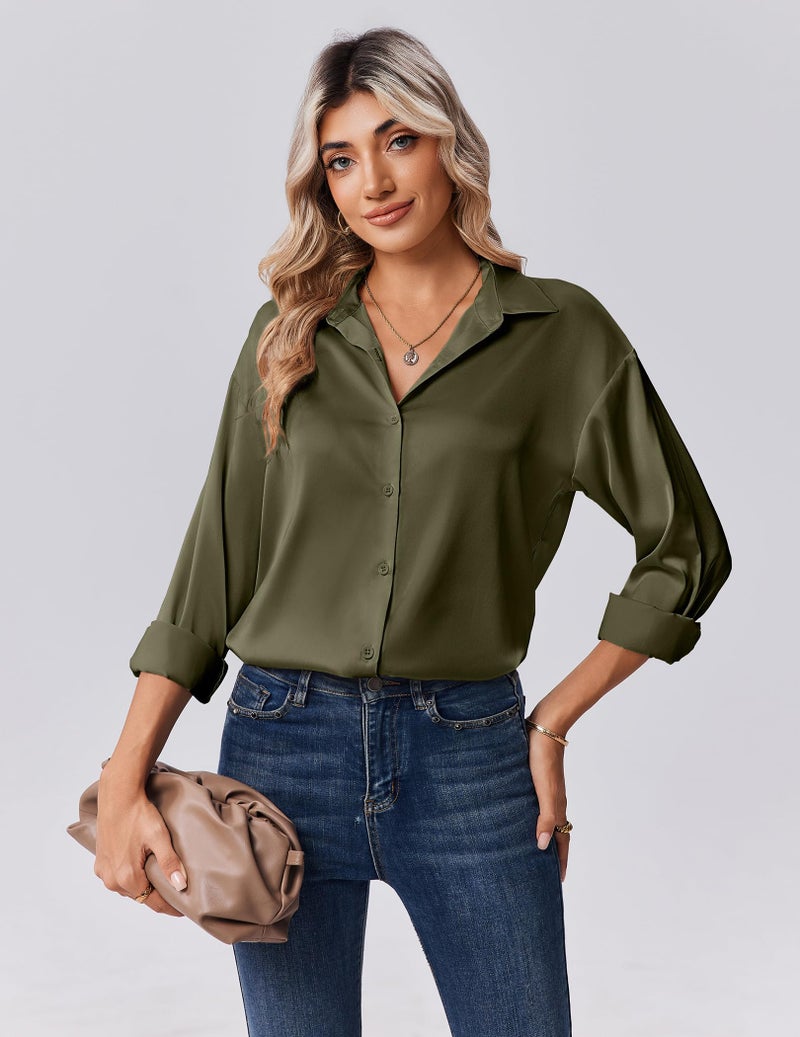 Zeagoo Shirts for Women Satin Button Up Blouses Loose Fit Silk Tops Long Sleeve Dressy Clothing Army Green - Image 5