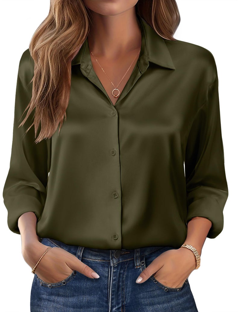Zeagoo Shirts for Women Satin Button Up Blouses Loose Fit Silk Tops Long Sleeve Dressy Clothing Army Green - Image 1
