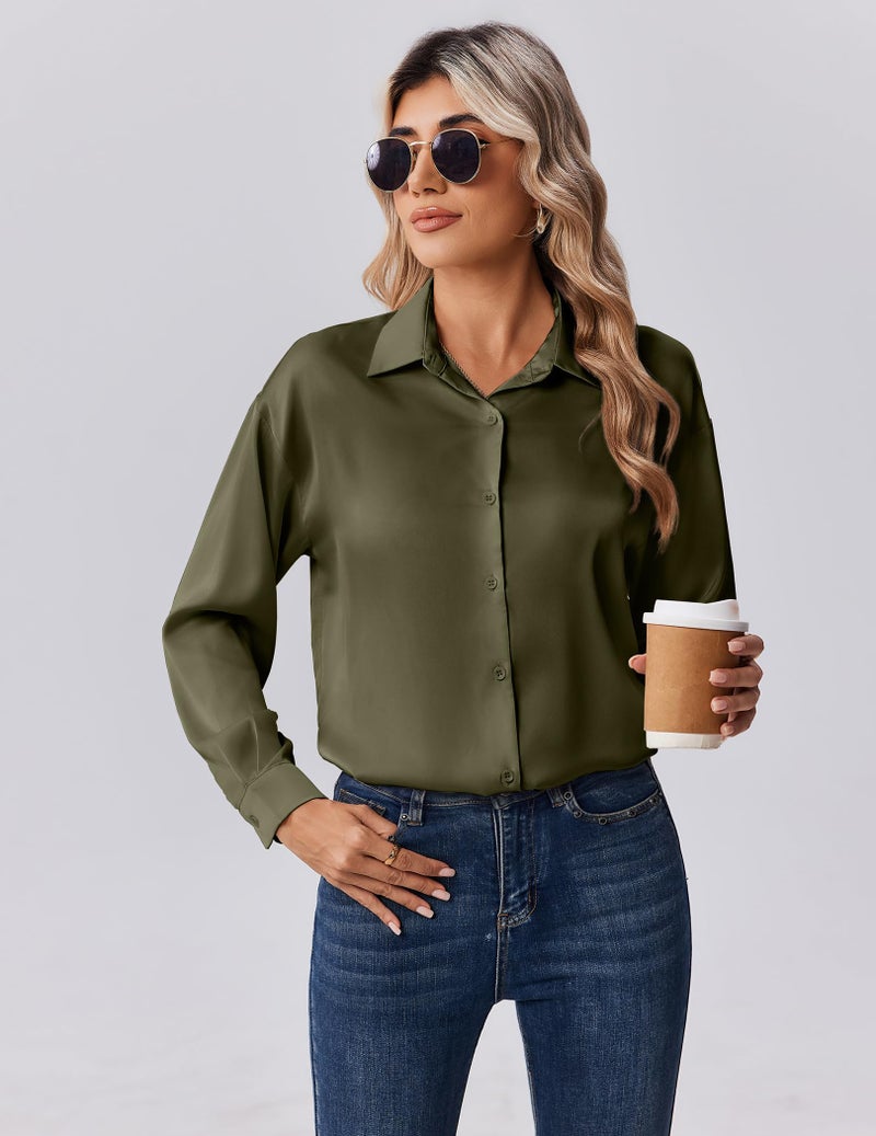 Zeagoo Shirts for Women Satin Button Up Blouses Loose Fit Silk Tops Long Sleeve Dressy Clothing Army Green - Image 3