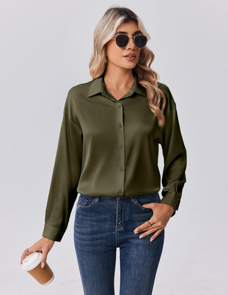 Zeagoo Shirts for Women Satin Button Up Blouses Loose Fit Silk Tops Long Sleeve Dressy Clothing Army Green - Image 2