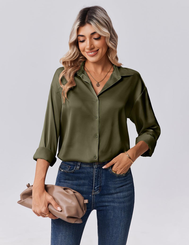 Zeagoo Shirts for Women Satin Button Up Blouses Loose Fit Silk Tops Long Sleeve Dressy Clothing Army Green - Image 4