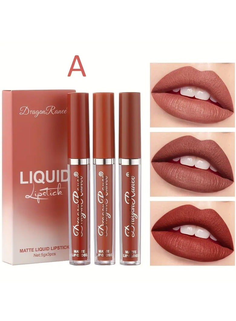 Dragon Ranee 3pcs lip gloss set velvet waterproof long-lasting nude brown European style lip gloss gift box - Image 1