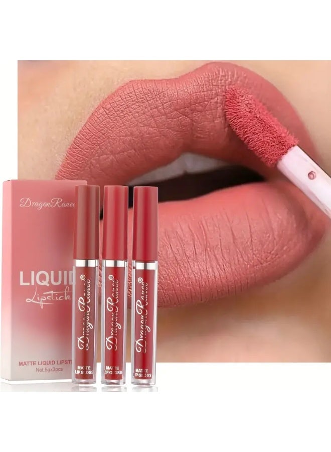 Dragon Ranee 3pcs lip gloss set velvet waterproof long-lasting nude brown European style lip gloss gift box - Image 2