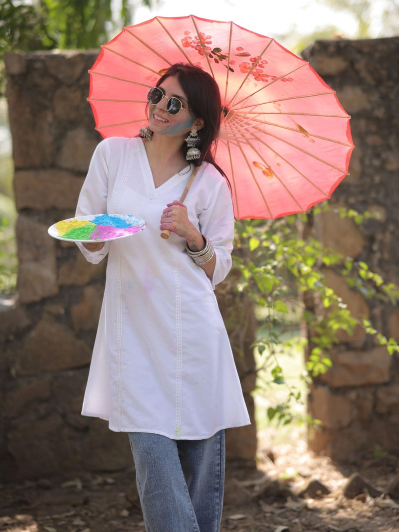EthnicJunction Women Rayon Regular Fit Solid A-Line White Short Kurti| Summer Kurti | Top For Office | Tunics Tops | Jeans, Medium - Image 2