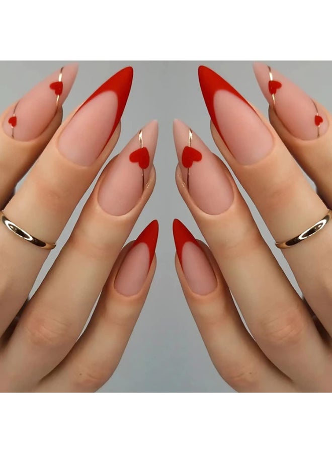 TBRZTR Press on Nails Almond Medium French Tip Red Fake Nail with Love Heart Design Full Cover Reusable Artificial Acrylic Glossy Fingernails Set Women Glue on Nail Stick on Nails for Nail Art 24 Pcs - Image 2