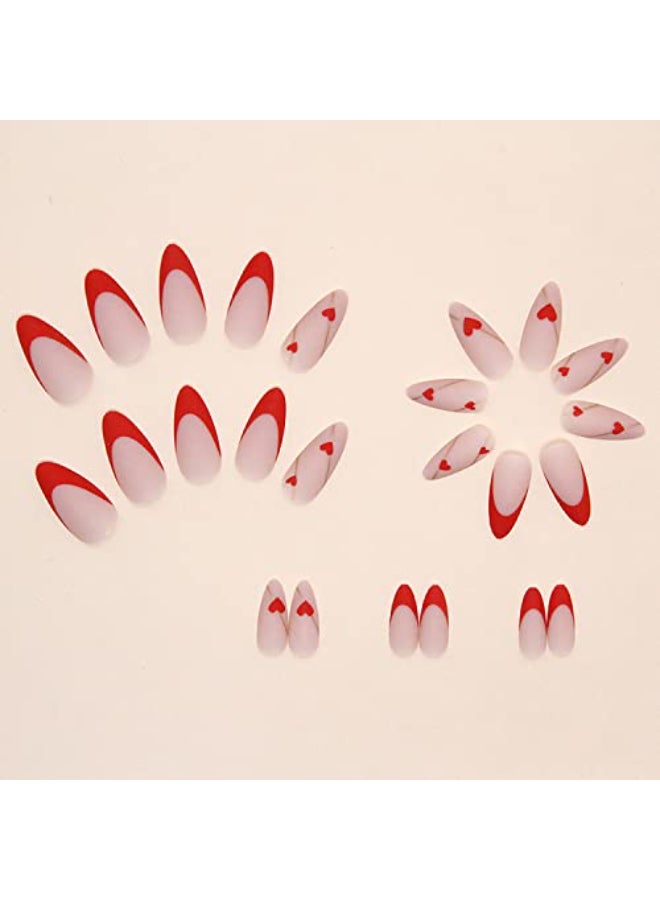 TBRZTR Press on Nails Almond Medium French Tip Red Fake Nail with Love Heart Design Full Cover Reusable Artificial Acrylic Glossy Fingernails Set Women Glue on Nail Stick on Nails for Nail Art 24 Pcs - Image 3