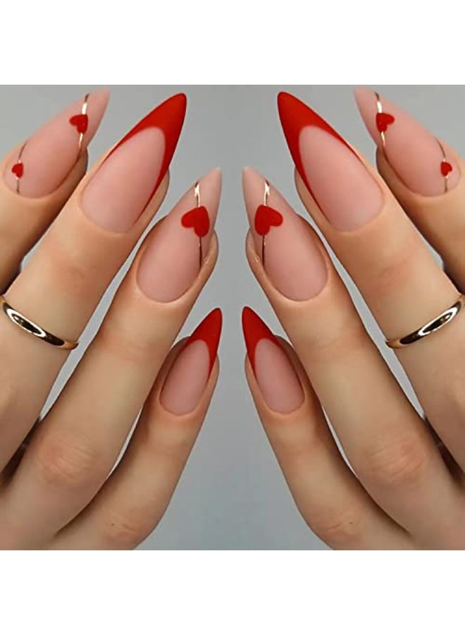 TBRZTR Press on Nails Almond Medium French Tip Red Fake Nail with Love Heart Design Full Cover Reusable Artificial Acrylic Glossy Fingernails Set Women Glue on Nail Stick on Nails for Nail Art 24 Pcs - Image 1