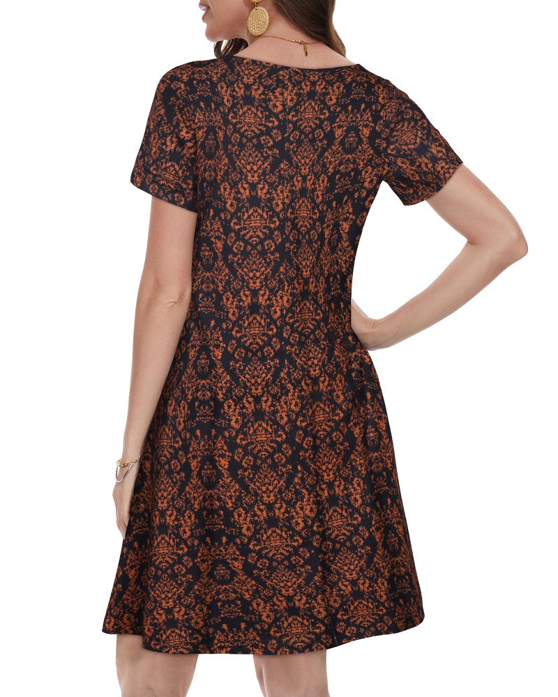 elescat Dresses for Women Short Sleeve Fashion Tunic Dress Summer Swing Pockets Tshirt Dress (Black Orange Floral, XL) - Image 5