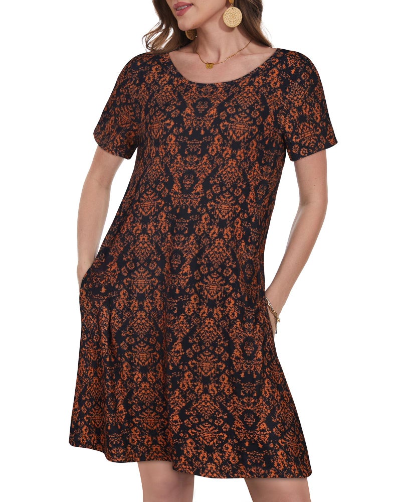 elescat Dresses for Women Short Sleeve Fashion Tunic Dress Summer Swing Pockets Tshirt Dress (Black Orange Floral, XL) - Image 2