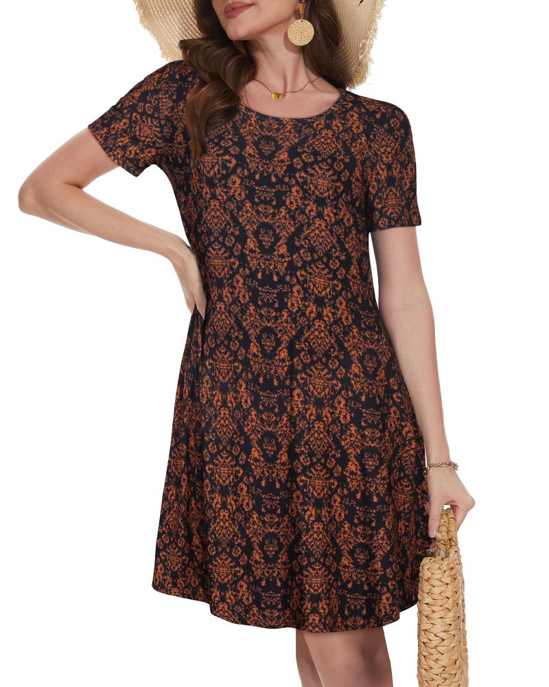 elescat Dresses for Women Short Sleeve Fashion Tunic Dress Summer Swing Pockets Tshirt Dress (Black Orange Floral, XL) - Image 3