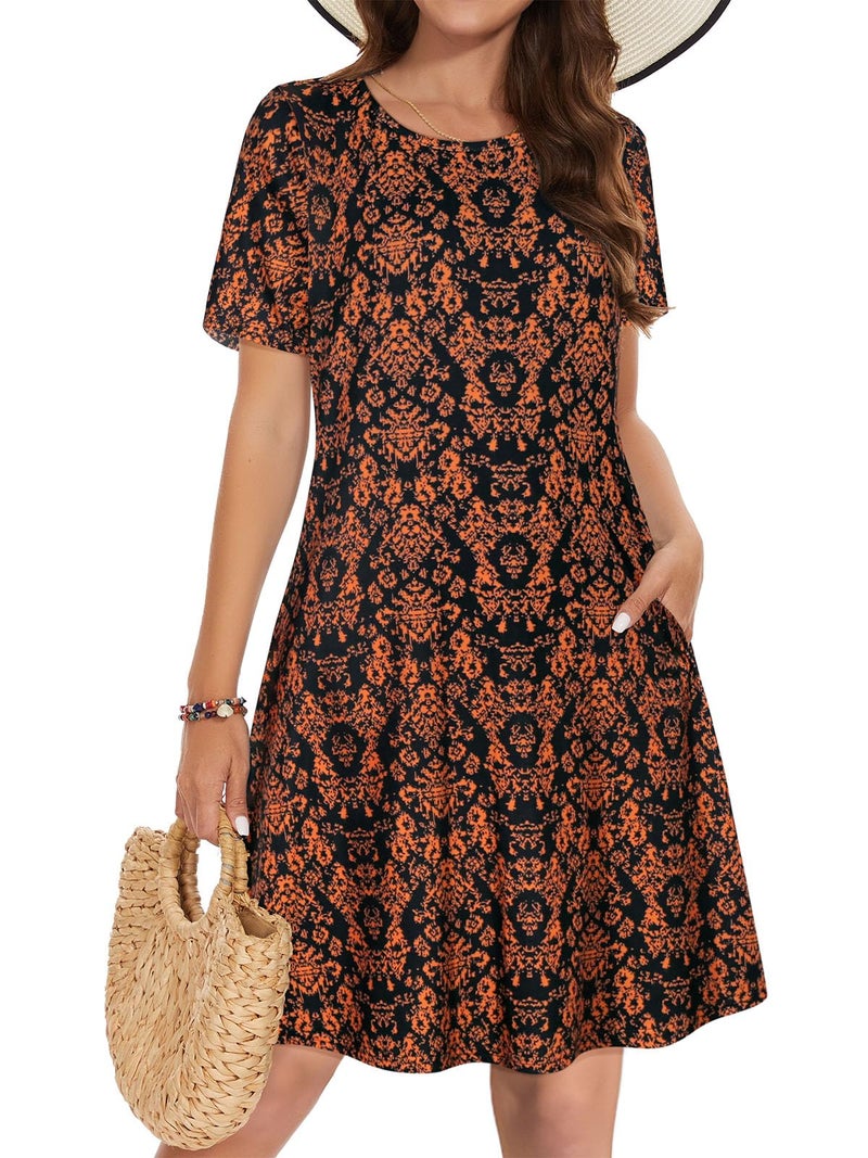 elescat Dresses for Women Short Sleeve Fashion Tunic Dress Summer Swing Pockets Tshirt Dress (Black Orange Floral, XL) - Image 1