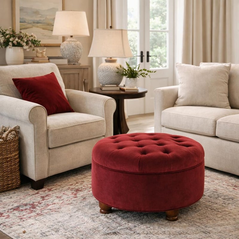 Homepop Home Decor |N8264-B119 | Large Button Tufted Velvet Round Storage Ottoman | Ottoman with Storage for Living Room & Bedroom, Berry - Image 4