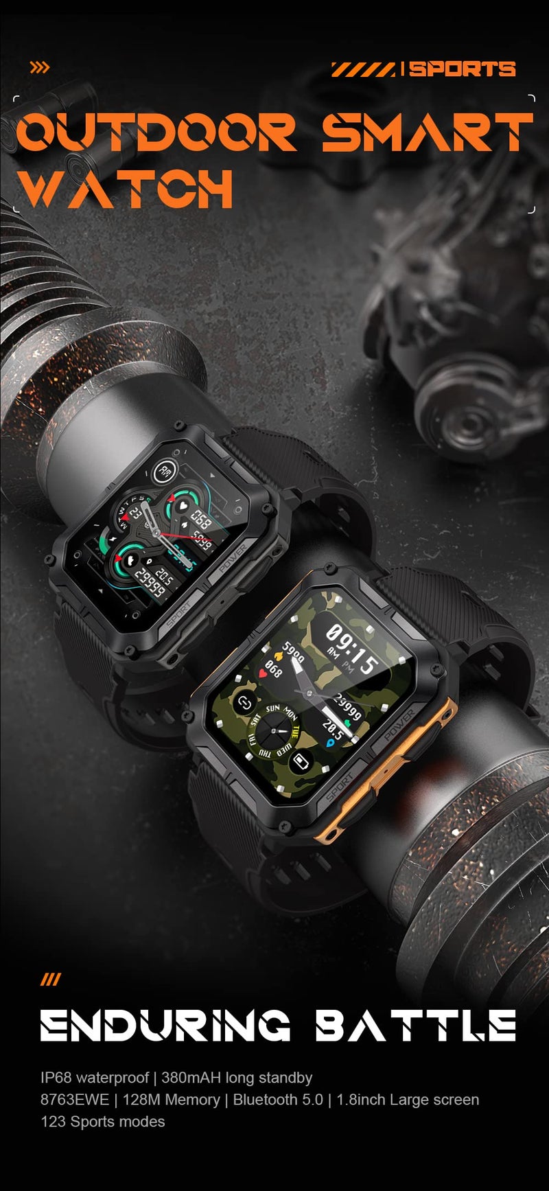 Gravity C20 Pro 1.83" Rugged Smartwatch, IP68 Waterproof, Bluetooth Call, AI Voice, 100+ Sports Modes, Heart Rate & Sleep Monitoring, Shockproof, Fitness Tracker for iOS & Android (Black) - Image 2