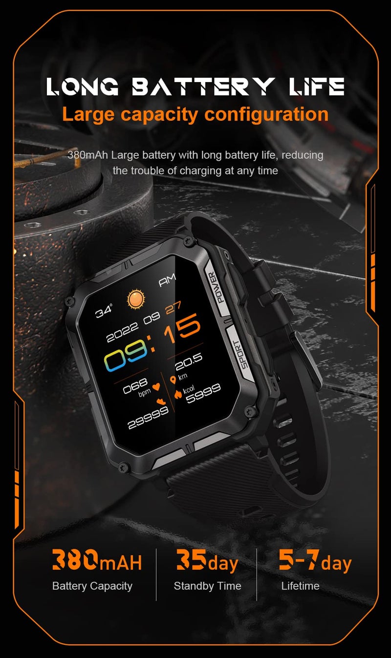Gravity C20 Pro 1.83" Rugged Smartwatch, IP68 Waterproof, Bluetooth Call, AI Voice, 100+ Sports Modes, Heart Rate & Sleep Monitoring, Shockproof, Fitness Tracker for iOS & Android (Black) - Image 4