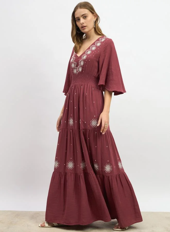 ستايلي Embroidered Bell Sleeves Tiered Maxi Dress
