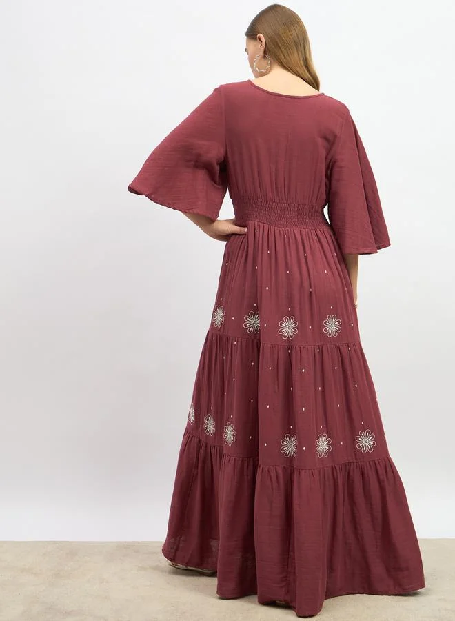 ستايلي Embroidered Bell Sleeves Tiered Maxi Dress