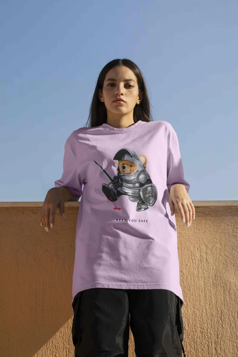 دوغ فش Teddy Printed Women's Oversize Pink T-Shirt