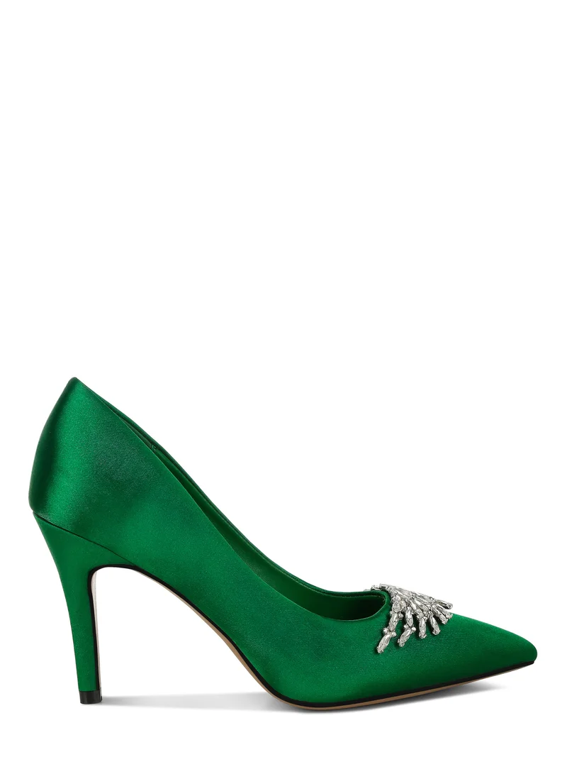 London Rag Diamante Brooch Detail Satin Pumps in Green