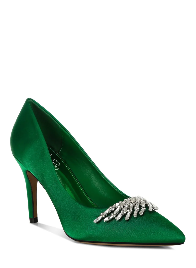 London Rag Diamante Brooch Detail Satin Pumps in Green