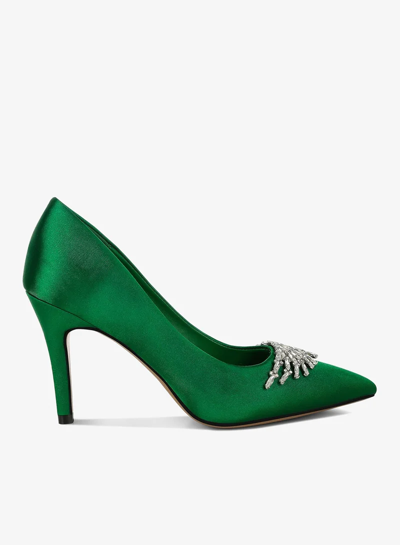 Diamante Brooch Detail Satin Pumps in Green