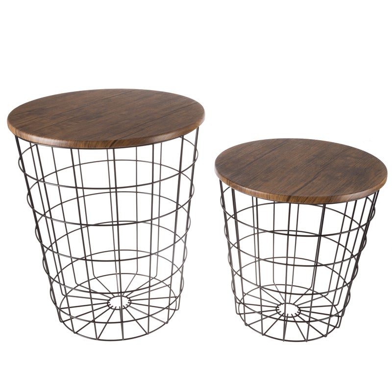 Lavish Home Lavish Home End Tables Set of 2  Nesting Tables with Removable Wood Tops and Metal Basket Bases for Blanket Storage  Round Side Pieces for Living Room Bedroom or Home Office BrownBlack 
