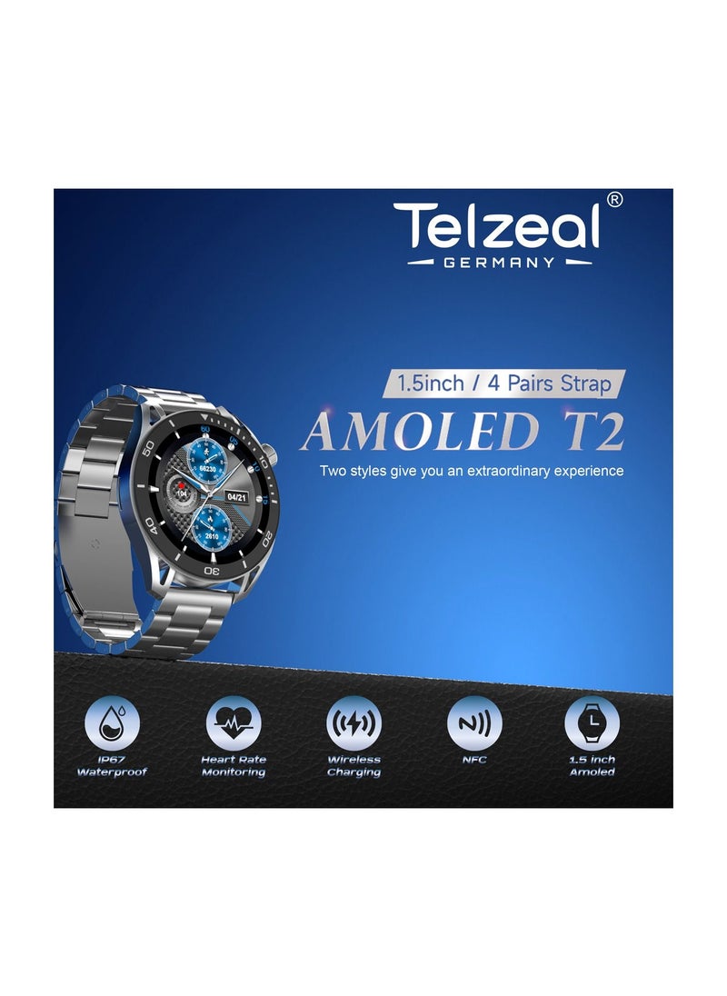 Telzeal Telzeal T2 Smart Watch With 1.5 Inch AMOLED Display IP67 Waterproof and 4 Pair Strap (Silver)  - Image 4
