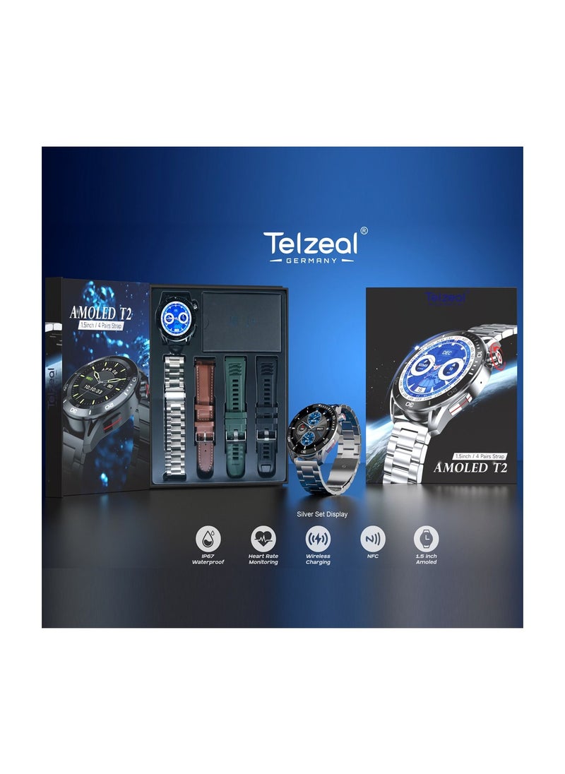 Telzeal Telzeal T2 Smart Watch With 1.5 Inch AMOLED Display IP67 Waterproof and 4 Pair Strap (Silver)  - Image 2
