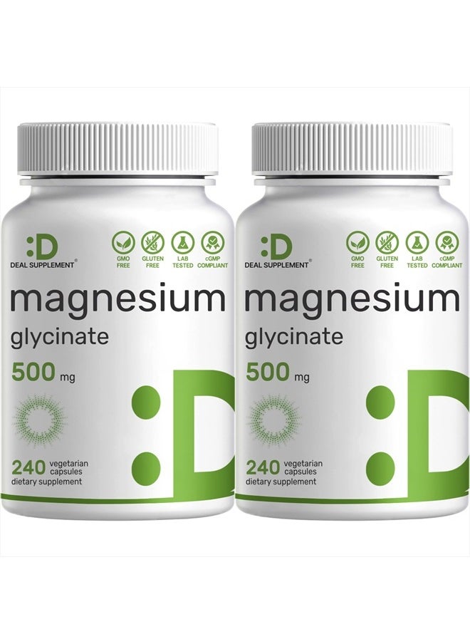 DEAL SUPPLEMENT - 2 Pack Magnesium Glycinate 500mg, 480 Veggie Capsules | Chelated for Easy Absorption | Highly Purified Essential Trace Mineral for Muscle, Joint, Heart, & Digestive Health - Image 1
