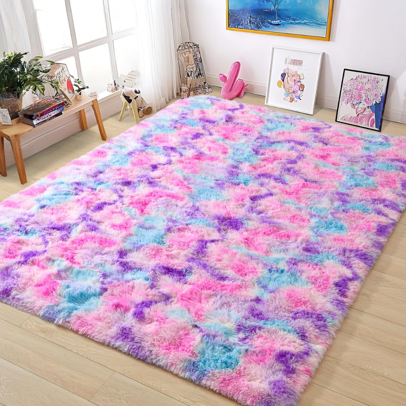 Tepook Soft Rainbow Rug For Girls Room  Cute Fluffy Girls Bedroom Rug  4X6 Feet Shaggy Princess Rug Colorful Carpet For Kids Teens Toddler Playroom Nursery Reading Nook  Hot Pink - Image 1