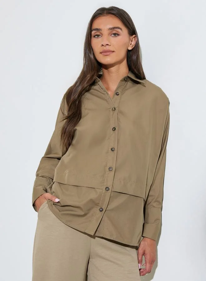 Styli Khaki Solid Long Sleeves Button Details Oversized Shirt