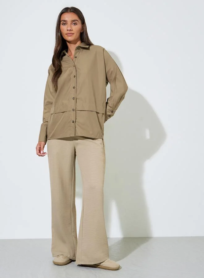 Styli Khaki Solid Long Sleeves Button Details Oversized Shirt