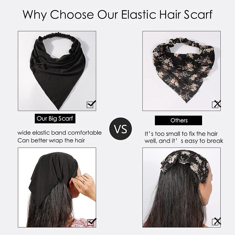 Vercret 6 Pack Hair Scarf Headband for Women - Elastic Hair Kerchief Large Boho Triangle Bandana Head Scarf with Clips Non Slip Solid Color Headbands Hair Scarves for Teen Girls - Image 3