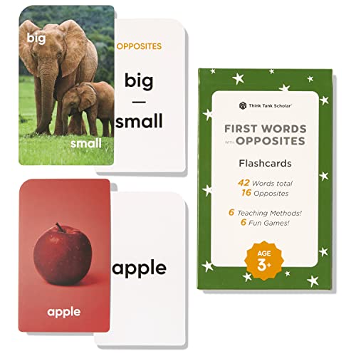 Think Tank Scholar AwardWinning First Words Opposites Flash Cards for Kids Ages 28 36 Durable Cards with Real Pictures Preschool Kindergarten Early Elementary Learning - Image 1